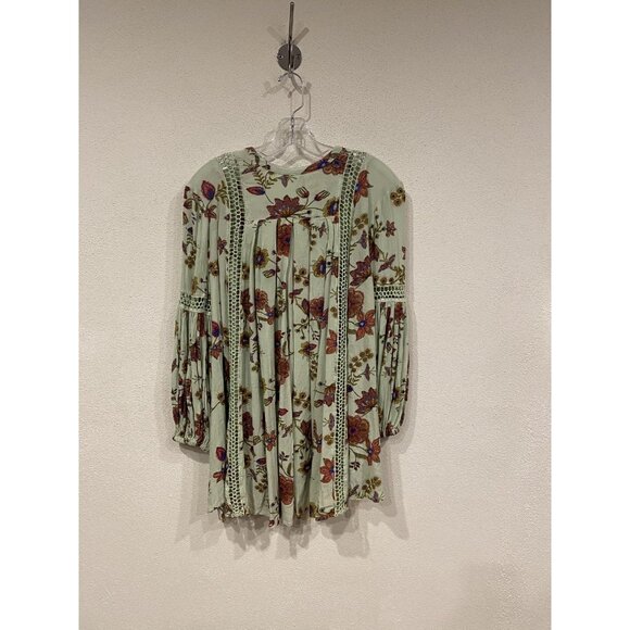 Free People Shirt Womens Medium Green Floral Boho Peasant Tunic Lace Crochet - Picture 4 of 4